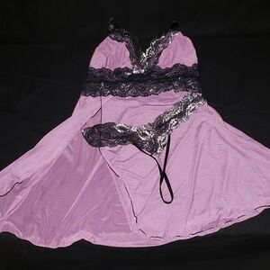 Purple Mesh Babydoll Chemise Negligee Lingerie with matching G-string